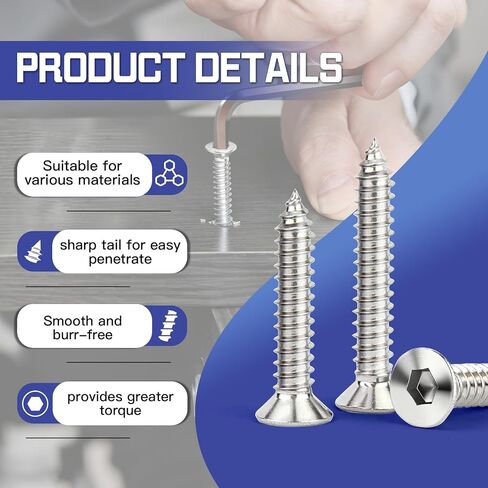 #4#8#10 Wood Screws Assortment Kit 175 Pcs, Flat Head Hex Socket Assorted Screws Set, Hardened Nickel Plated Steel, Countersunk Self Tapping Screws for Wood (1-1/2", 1", 3/4", 1/2") in Kuwait