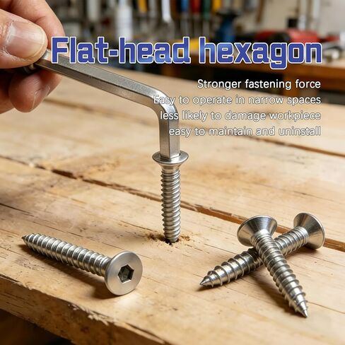 #4#8#10 Wood Screws Assortment Kit 175 Pcs, Flat Head Hex Socket Assorted Screws Set, Hardened Nickel Plated Steel, Countersunk Self Tapping Screws for Wood (1-1/2", 1", 3/4", 1/2") in Kuwait