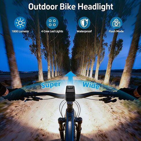 USB Rechargeable 1800 Lumens Bike Light,4000mAh Battery with Power Bank Function,5 Light Modes Waterproof Bicycle Lights for Road, Mountain, Cycling in Kuwait