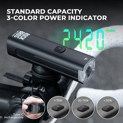 ROCKBROS Bike Headlight 6 Modes Anti-Dazzling Bike Front Light Aluminium Alloy IPX6 Waterproof Type-C Rechargeable Bike Lights for Night Riding in Kuwait