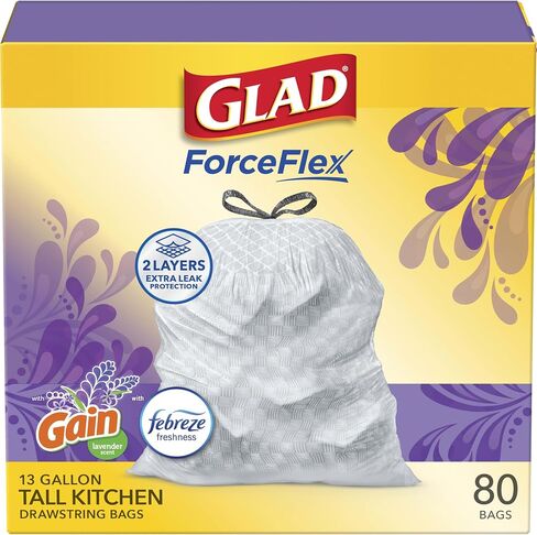Glad ForceFlex Tall Kitchen Trash Bags, 13 Gallon, Gain Lavender, 80 Count (Package May Vary) in Kuwait