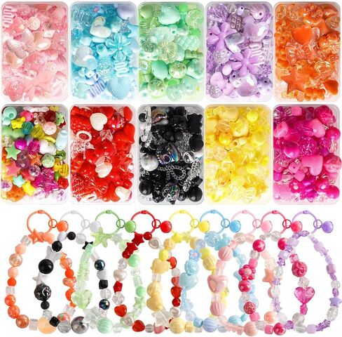RYKOMO 500-550PCS Assorted Acrylic Beads for Bracelet Making Kit, with Bell, String, Key Rings, Clips in 4 Colors Flowers Hearts Bows Bears Candy Kawaii Cute Beads for DIY Keychain Jewelry Making in Kuwait