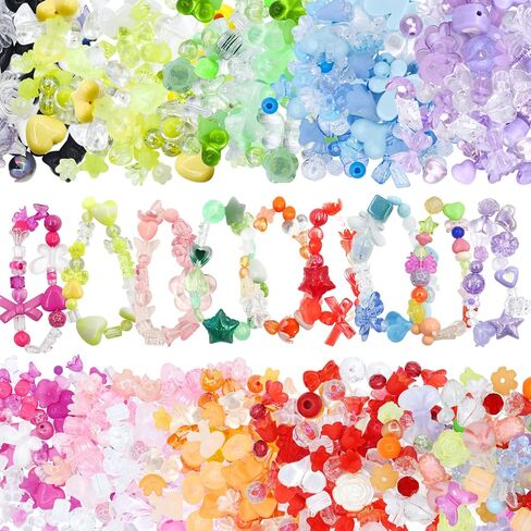 RYKOMO 500-550PCS Assorted Acrylic Beads for Bracelet Making Kit, with Bell, String, Key Rings, Clips in 4 Colors Flowers Hearts Bows Bears Candy Kawaii Cute Beads for DIY Keychain Jewelry Making in Kuwait