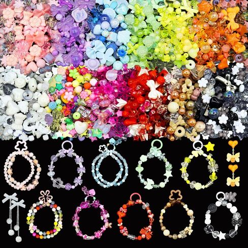 RYKOMO 500-550PCS Assorted Acrylic Beads for Bracelet Making Kit, with Bell, String, Key Rings, Clips in 4 Colors Flowers Hearts Bows Bears Candy Kawaii Cute Beads for DIY Keychain Jewelry Making in Kuwait