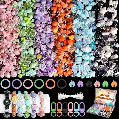 RYKOMO 500-550PCS Assorted Acrylic Beads for Bracelet Making Kit, with Bell, String, Key Rings, Clips in 4 Colors Flowers Hearts Bows Bears Candy Kawaii Cute Beads for DIY Keychain Jewelry Making in Kuwait