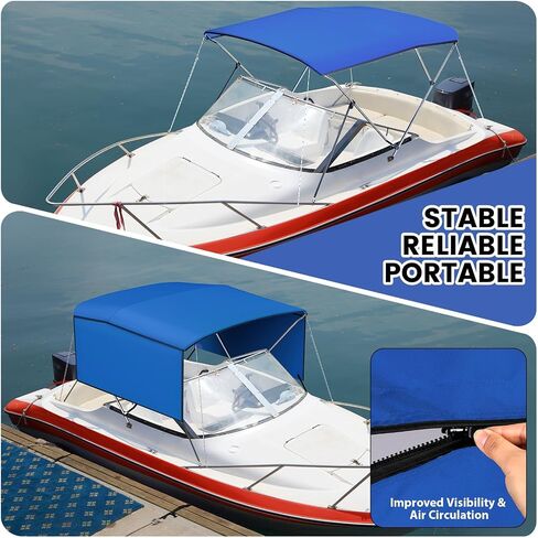 3 Bow Bimini Top for Boats Cover, Marine Grade Canvas Sun Shade with Mesh Side Panels, Rear Support Poles & Adjustable Aluminum Frame, Heavy Duty Waterproof Marine Canopy for Pontoon, Bass, Jon Boats in Kuwait