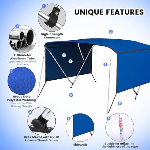 3 Bow Bimini Top for Boats Cover, Marine Grade Canvas Sun Shade with Mesh Side Panels, Rear Support Poles & Adjustable Aluminum Frame, Heavy Duty Waterproof Marine Canopy for Pontoon, Bass, Jon Boats in Kuwait