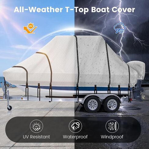 1200D Heavy Duty Waterproof T-Top Boat Cover with Motor Cover | T Top/Hard-Top Boat Cover, Trailerable Center Console Boat Cover with T Top Roof, 21'-23' Long Beam Width up to 106", Gray in Kuwait