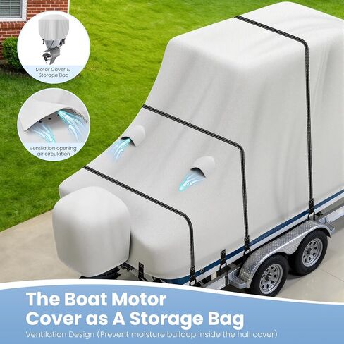 1200D Heavy Duty Waterproof T-Top Boat Cover with Motor Cover | T Top/Hard-Top Boat Cover, Trailerable Center Console Boat Cover with T Top Roof, 21'-23' Long Beam Width up to 106", Gray in Kuwait