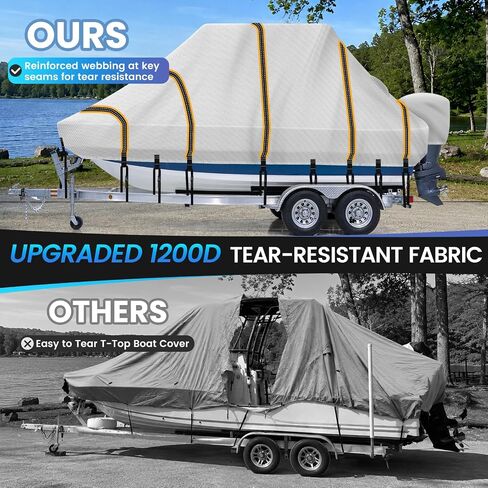 1200D Heavy Duty Waterproof T-Top Boat Cover with Motor Cover | T Top/Hard-Top Boat Cover, Trailerable Center Console Boat Cover with T Top Roof, 21'-23' Long Beam Width up to 106", Gray in Kuwait