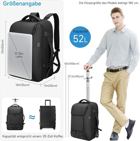 Backpack with wheels,backpack on wheels for USB Type-C Ports,17.3" Laptop Compartment,Built-In Customs Lock -Wheeled Backpack for Business, Travel, Work, College in Saudi Arabia