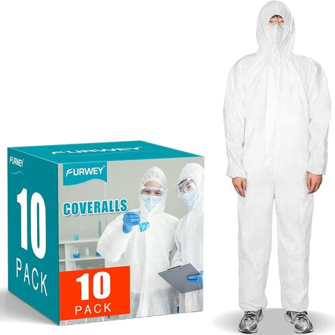 FURWEY Hazmat Suits 1/10 عبوات من المآزر التي يمكن التخلص منها، مع معصمين وكاحل وقلنسوة مطاطيين، متوفرة في 4 أحجام in Kuwait