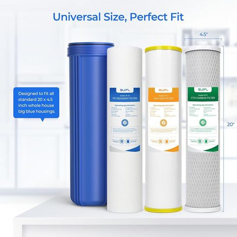 4.5 * 20" 3 Stage Whole House Water Filter Set, Compatible with SimPure DB20P-3, iSpring WGB32B-KS, F3WGB32BKS, HQUA WF3-01, Express Water FLTWH2045CGS1, Pack with PP, GAC and CTO Filter, 1 Set in Kuwait