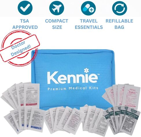 مجموعة أدوية السفر من كيني - مجموعة أدوية مدمجة معتمدة من إدارة أمن المواصلات الأمريكية للسفر والرحلات الجوية والتخييم والرحلات البحرية | أساسيات السفر التي لا تحتاج إلى وصفة طبية من تصميم الطبيب في حقيبة قابلة لإعادة التعبئة in Kuwait