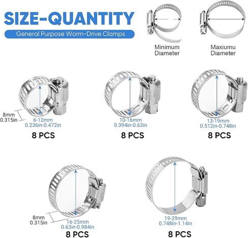 Hose Clamp Kit 40Pcs Stainless Steel Worm Hose Clamps Adjustable Metal Band Clamps For Water Pipe, Intercooler, Automotive Plumbing, Heater Hose in Kuwait