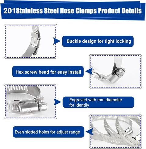 Hose Clamp Kit 40Pcs Stainless Steel Worm Hose Clamps Adjustable Metal Band Clamps For Water Pipe, Intercooler, Automotive Plumbing, Heater Hose in Kuwait