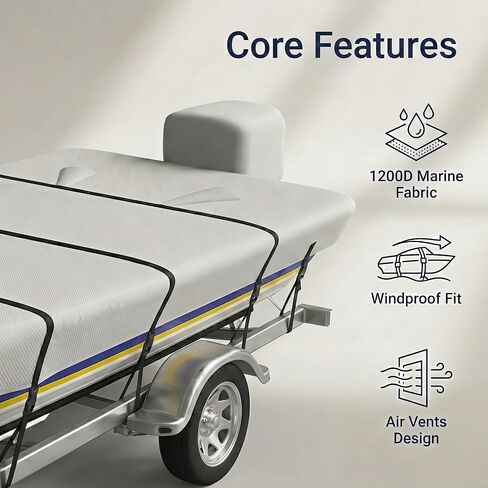 Jon Boat Cover with Motor Cover Heavy Duty 5 Layers 1200D Mooring Cover, John Boat Upgrades Waterproof UV Resistant Marine Grade Reinforced Adjustable Side Straps (Grey, 12ft Long, Beam Width to 56") in Kuwait