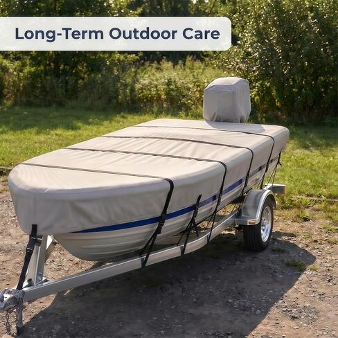 Jon Boat Cover with Motor Cover Heavy Duty 5 Layers 1200D Mooring Cover, John Boat Upgrades Waterproof UV Resistant Marine Grade Reinforced Adjustable Side Straps (Grey, 12ft Long, Beam Width to 56") in Kuwait