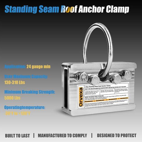 Standing Seam Roof Clamp Anchor, 2-Way Reversible Non-Penetrating No-Drill Metal Roof Anchor with O-Ring for Vertical Seams and Fixed Ladders, 5,000 lb Rated Fall Protection Anchorage Connector in Kuwait