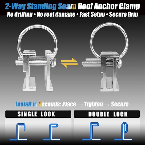 Standing Seam Roof Clamp Anchor, 2-Way Reversible Non-Penetrating No-Drill Metal Roof Anchor with O-Ring for Vertical Seams and Fixed Ladders, 5,000 lb Rated Fall Protection Anchorage Connector in Kuwait