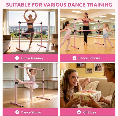 4FT Height Adjustable Ballet Barre, Freestanding Ballet Bar, Heavy Duty Dance Bar Support, Sturdy Construction, Anti-Slip for Kids Adult, Home and Gym use (Pink) in Kuwait