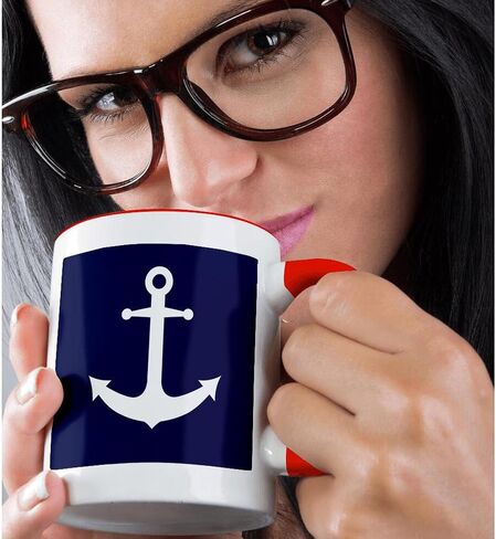 3dRose Navy Blue and White Nautical Anchor Design 11oz Two-Tone Red Mug in Kuwait