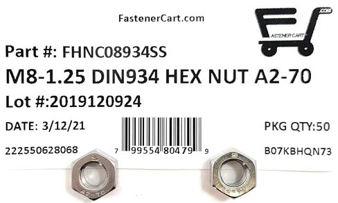 M8-1.25 Stainless Steel DIN934 Metric Finished Hex Nut M8x1.25 Qty:50 in Kuwait