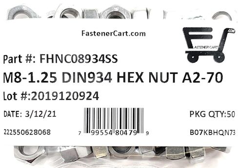 M8-1.25 Stainless Steel DIN934 Metric Finished Hex Nut M8x1.25 Qty:50 in Kuwait