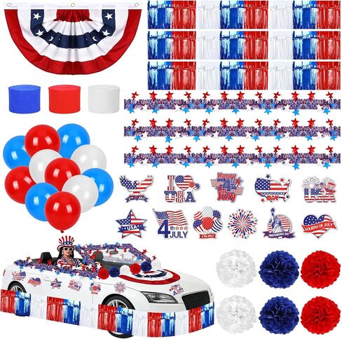 UPINS 57 Pcs 4th of July Golf Cart Decorations Kit for Parade, Patriotic Red White Blue Float Decorations w Golf Cart Accessories for July 4th Memorial Day in Kuwait