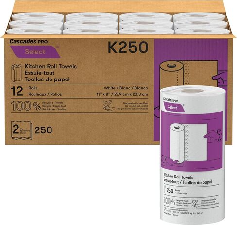 Cascades PRO Select Kitchen Roll Towel - Strong and Absorbent 2-Ply Paper Towels for Kitchens, Breakrooms, Schools, Offices - Recycled, Compostable - 250 Sheets/Roll, 12 Rolls/Box -K250 - White in Kuwait