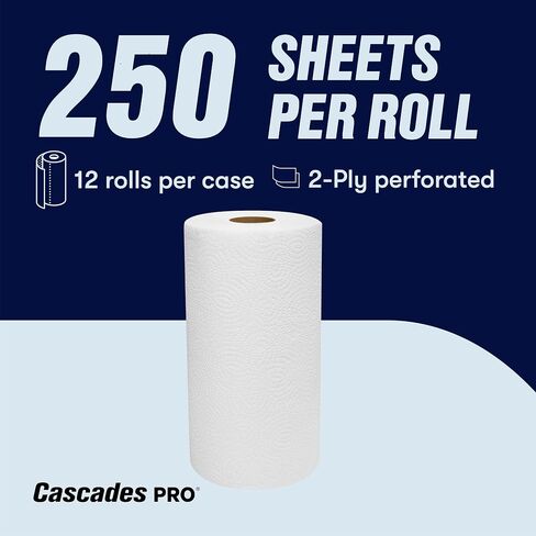 Cascades PRO Select Kitchen Roll Towel - Strong and Absorbent 2-Ply Paper Towels for Kitchens, Breakrooms, Schools, Offices - Recycled, Compostable - 250 Sheets/Roll, 12 Rolls/Box -K250 - White in Kuwait