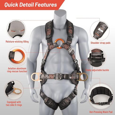 Safety Harness Fall Protection Padded on the shoulders, waist, and legs, featuring front O-rings, with upgraded quick-release buckles, meets ANSI standards, suitable for roofing work, construction in Kuwait