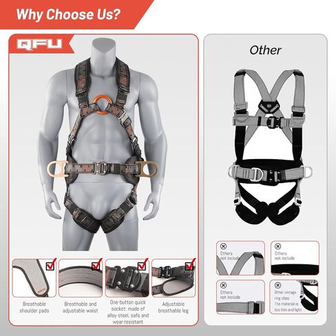Safety Harness Fall Protection Padded on the shoulders, waist, and legs, featuring front O-rings, with upgraded quick-release buckles, meets ANSI standards, suitable for roofing work, construction in Kuwait