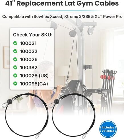 41" Replacement LAT Gym Cables for Bowflex Xceed, Xtreme 2, 2SE & XLT Power Pro, Fits SKUs 100021, 100022, 100026, 100028, 100382; Replaces OEM# 001-8081 & 1000514040 (Pair) in Kuwait