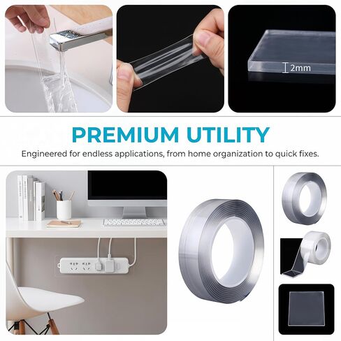 Double Sided Tape Heavy Duty, Nano Adhesive(2 Rolls, Total 19.7FT) | Multipurpose Removable Washable Reusable, Residue Free Clear Mounting Strips, Strong Adhesive for Picture Hanging No Trace in Kuwait