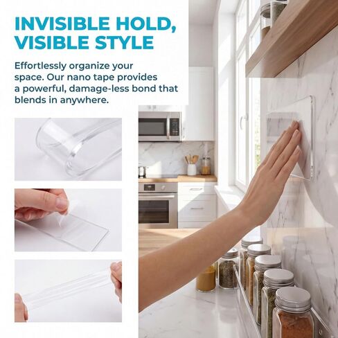 Double Sided Tape Heavy Duty, Nano Adhesive(2 Rolls, Total 19.7FT) | Multipurpose Removable Washable Reusable, Residue Free Clear Mounting Strips, Strong Adhesive for Picture Hanging No Trace in Kuwait