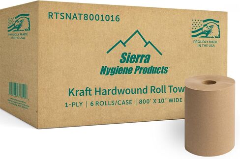 Sierra Hygiene 1-Ply Natural (Kraft) Roll Towels, 10" x 800’, Hardwound Paper Towel Rolls for Commercial Restrooms, Restaurants, Schools & Offices, Case of 6 Rolls, Made in USA in Kuwait