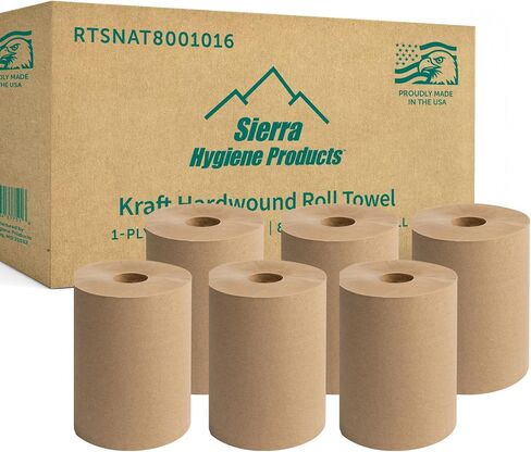 Sierra Hygiene 1-Ply Natural (Kraft) Roll Towels, 10" x 800’, Hardwound Paper Towel Rolls for Commercial Restrooms, Restaurants, Schools & Offices, Case of 6 Rolls, Made in USA in Kuwait