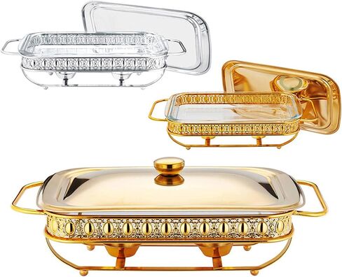 Stainless Steel Hot Pot 2 Full Size Buffet Set with Water Tray, Food Tray, Fuel Rack and Lid for Buffets, Weddings, Parties, Gold,A-2L in Kuwait