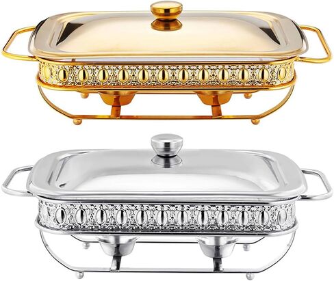 Stainless Steel Hot Pot 2 Full Size Buffet Set with Water Tray, Food Tray, Fuel Rack and Lid for Buffets, Weddings, Parties, Gold,A-2L in Kuwait