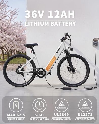 Vintage Electric Bike for Adults, 62.5 Miles 20 MPH Commuter Ebike, 250W White E Bike with Cadence Sensor, 12Ah UL Certified Battery, 26“ Men Women EBike with Front Suspension in Kuwait