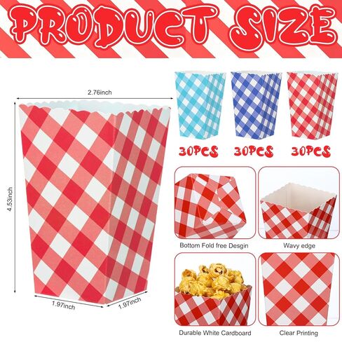 Mooliwe 60 Pcs County Fair Popcorn Boxes Red and White Gingham Treat Snack Containers Carnival French Fry Paper Holder for Carnival Birthday Party Rustic Farm Barnyard Movie Night Supplies in Kuwait