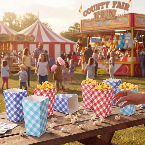 Mooliwe 60 Pcs County Fair Popcorn Boxes Red and White Gingham Treat Snack Containers Carnival French Fry Paper Holder for Carnival Birthday Party Rustic Farm Barnyard Movie Night Supplies in Kuwait