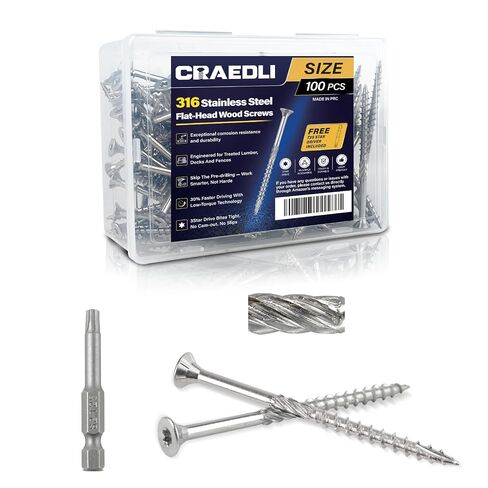 Craedli #10 x 3 316 براغي خشبية من الفولاذ المقاوم للصدأ مع ساق مخرش، T25 Torx نوع رأس مسطح 17 نقطة، مقاومة للتآكل للأسطح والسور والبناء الساحلي (100 قطعة، T25 بت متضمنة) in Kuwait