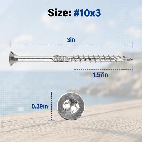 Craedli #10 x 3 316 براغي خشبية من الفولاذ المقاوم للصدأ مع ساق مخرش، T25 Torx نوع رأس مسطح 17 نقطة، مقاومة للتآكل للأسطح والسور والبناء الساحلي (100 قطعة، T25 بت متضمنة) in Kuwait