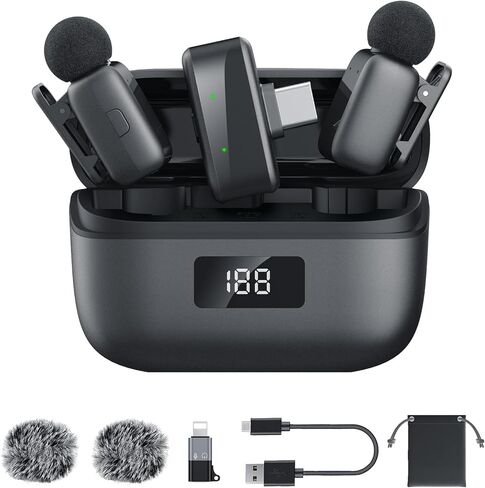 Wireless Lavalier Microphone for iPhone Android, Plug & Play Clip-On Mini Mic with Noise Cancellation, 2.4GHz Wireless Recording, Charging Case, for TikTok YouTube Live Streaming Interview in Kuwait