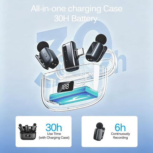 Wireless Lavalier Microphone for iPhone Android, Plug & Play Clip-On Mini Mic with Noise Cancellation, 2.4GHz Wireless Recording, Charging Case, for TikTok YouTube Live Streaming Interview in Kuwait