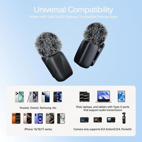 Wireless Lavalier Microphone for iPhone Android, Plug & Play Clip-On Mini Mic with Noise Cancellation, 2.4GHz Wireless Recording, Charging Case, for TikTok YouTube Live Streaming Interview in Kuwait