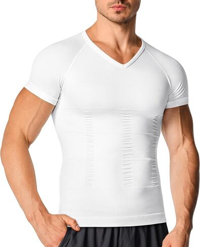 Nebility Compression Shirt Men Shapewear V-Neck Short Sleeve Body Shaper Slimming Undershirt Tummy Control in Kuwait