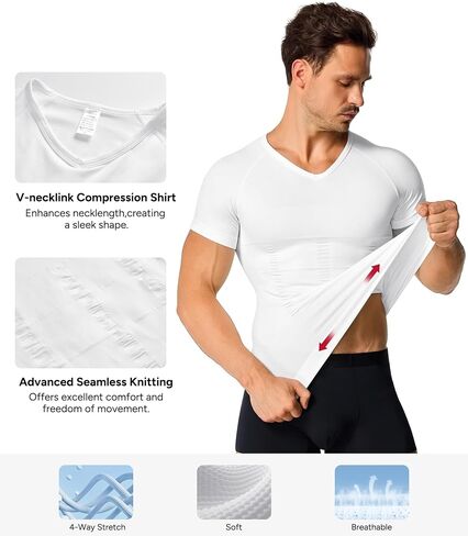 Nebility Compression Shirt Men Shapewear V-Neck Short Sleeve Body Shaper Slimming Undershirt Tummy Control in Kuwait